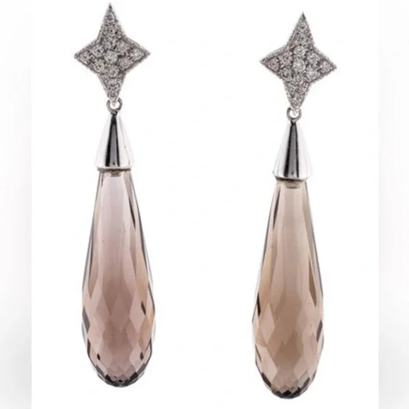 18K Smoky Quartz & Diamond Quartz Earrings - Picture 1 of 3